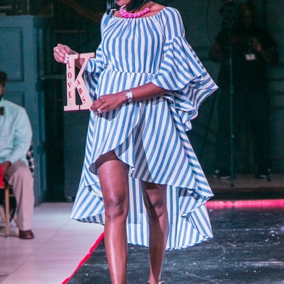 Off Shoulder, Striped, Ruffled Hi Lo Tango Dress - Picture 2 of 8